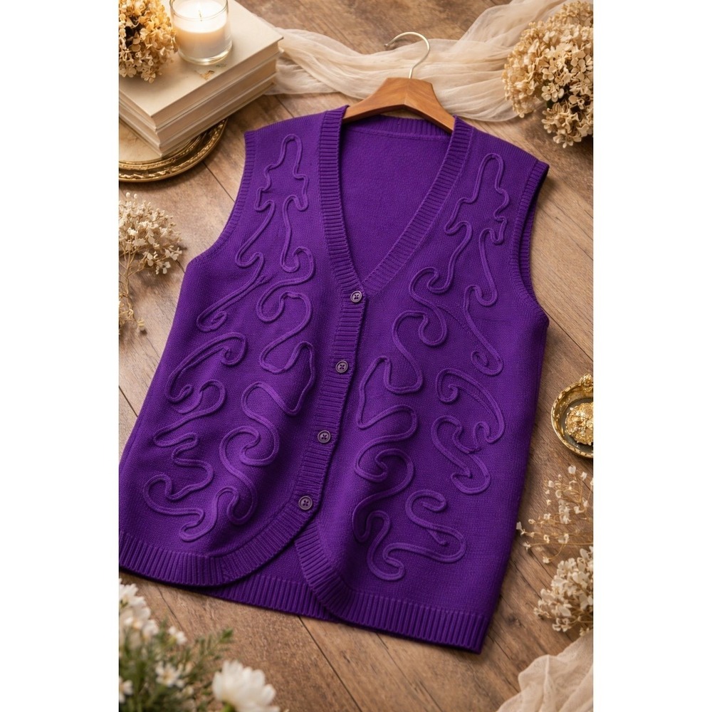 Karen Scott II Purple Sweater Vest Wool Blend Oversized Button Front Cozy Vintag
